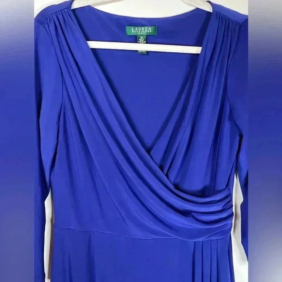 Lauren Ralph Lauren Classic Wrap Style Dress Ruched Deep Blue Women’s Size 10 - Picture 10 of 11